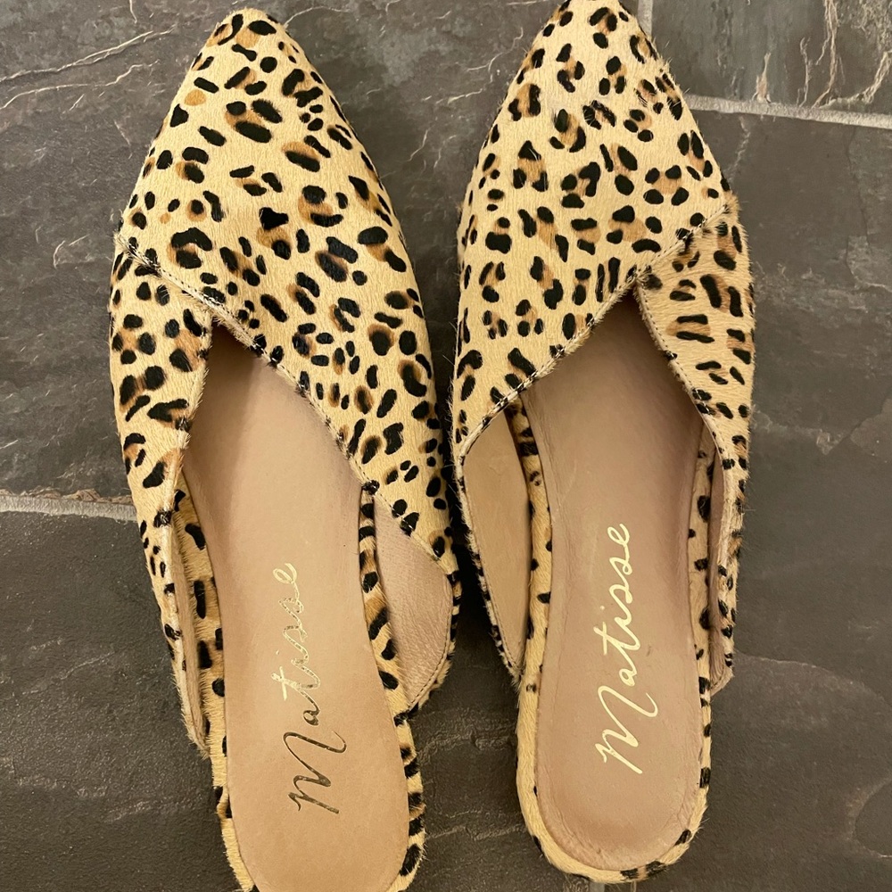 Matisse real cowhide leopard print mules